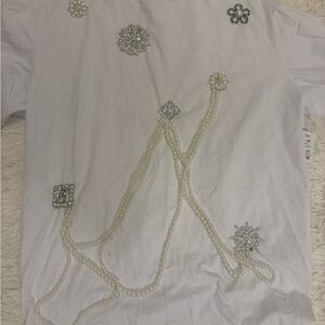 AKIRA White Tee with Pearl and Rhinestone Accents